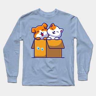 Cute Dog And Cute Cat Playing In Box Cartoon Long Sleeve T-Shirt